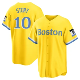 Men's Replica Gold/Light Trevor Story Boston Red Sox Blue 2021 City Connect Player Jersey